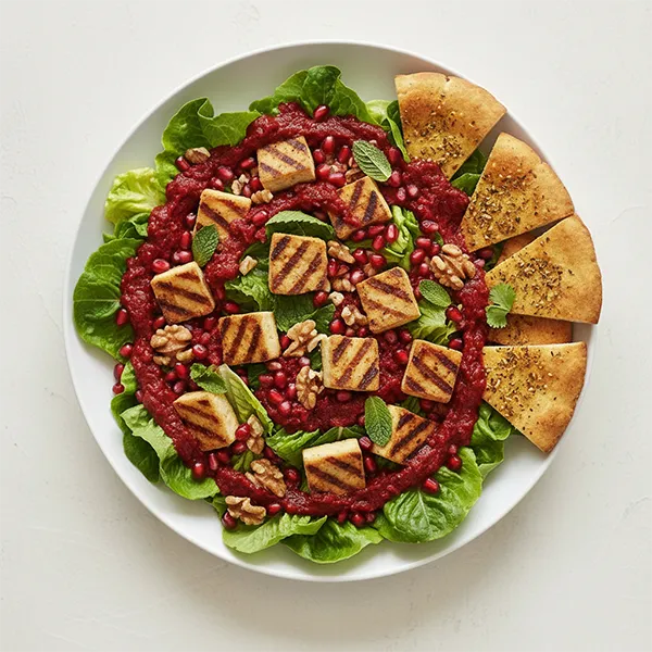 Tofu, Pomegranate, Walnut Salad with Pita Crisps With Red Pepper Dressing
